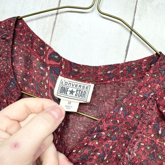 Converse Top Women Size Medium Red Geometric Sheer Long Sleeve Button Close - Picture 2 of 3